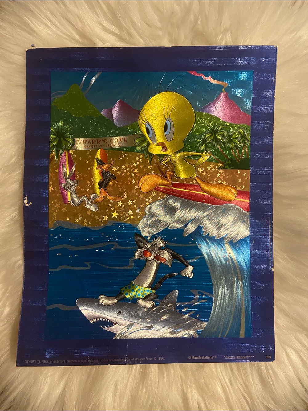 Vintage 1996 Looney Tunes Foil Holographic Poster Tweety & Sylvester Surfing